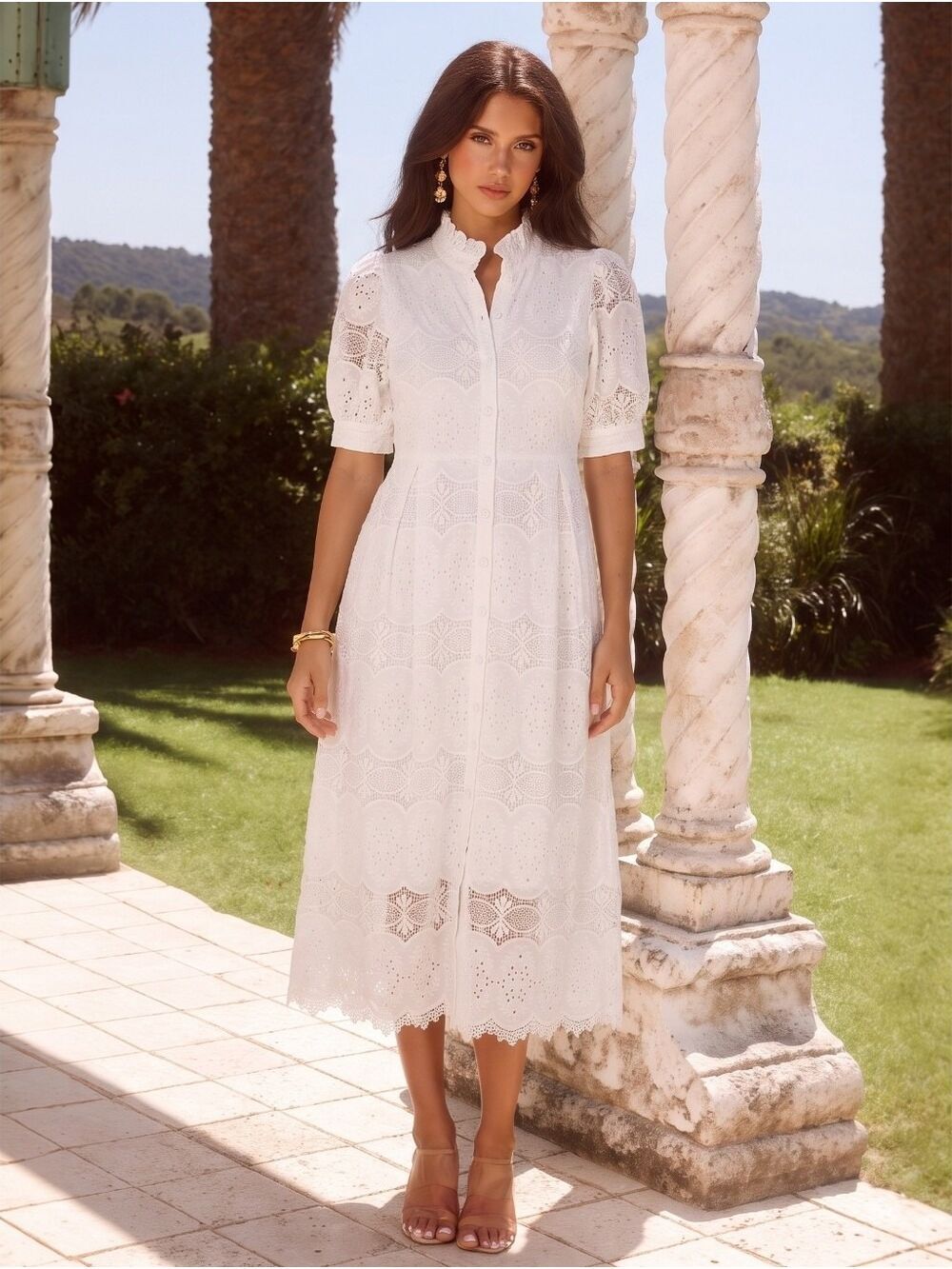 Trish Scully Womens Midi Dress White Eyelet Lace Cotton Small NWOT Cottage Trad